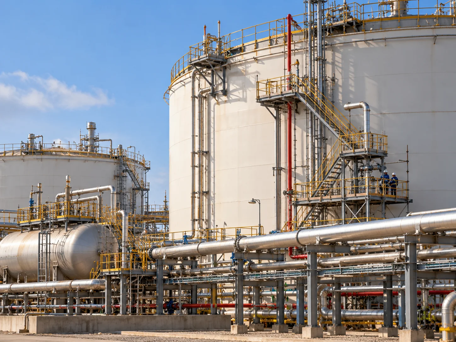 Unbranded industrial storage tanks, refinery towers and process piping under daylight