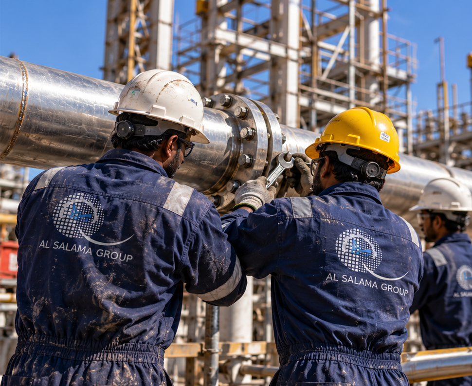 Technicians in Al Salama Group coveralls working on a large industrial pipe flange