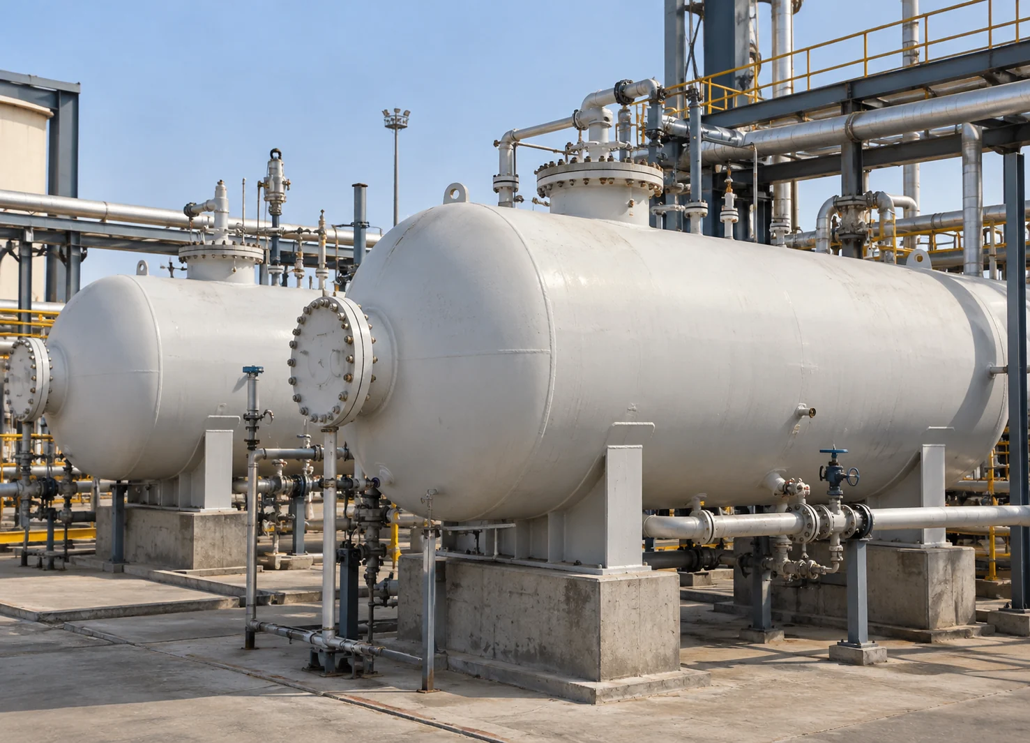 Unbranded horizontal white industrial pressure vessels on concrete supports