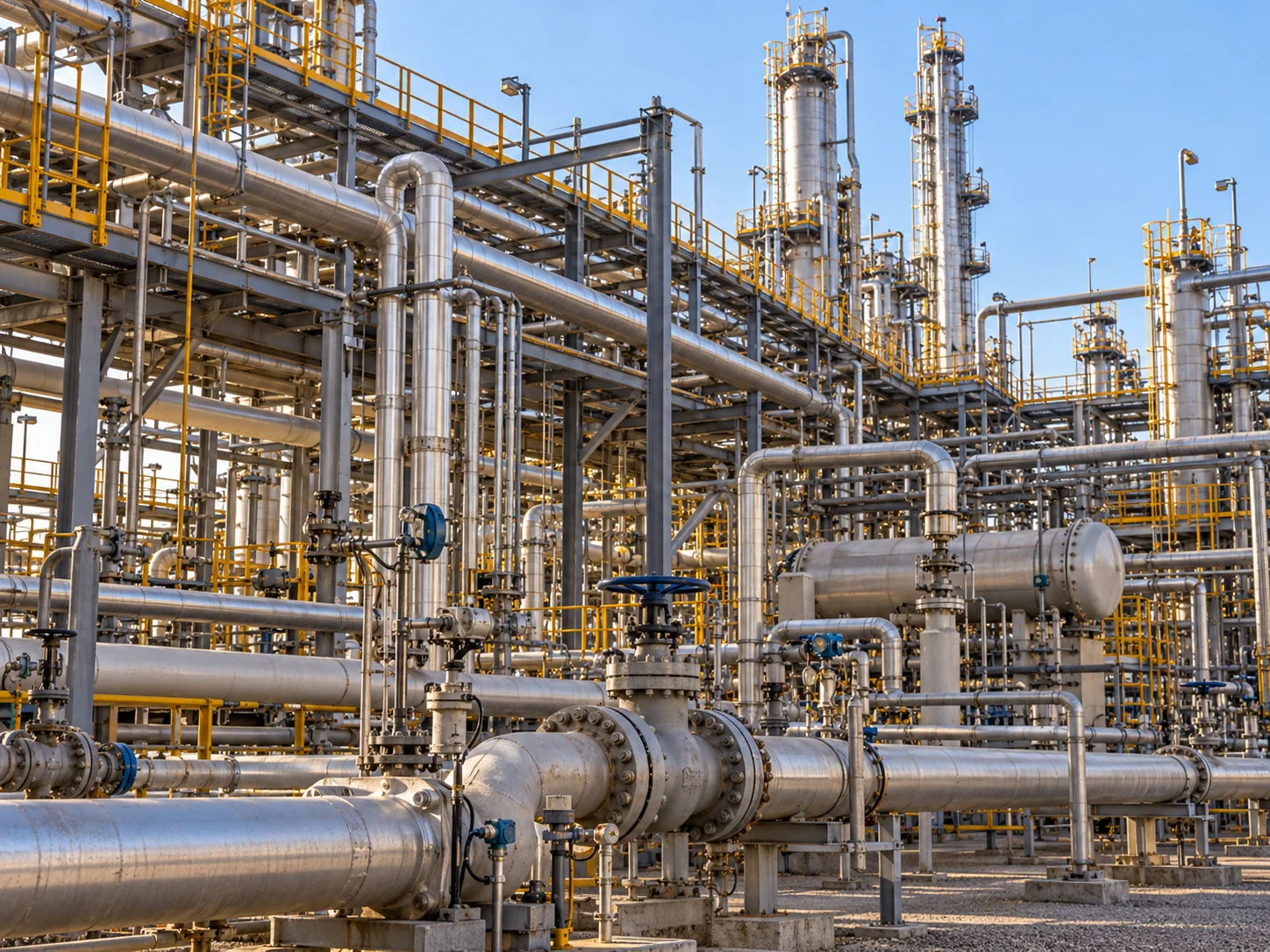 Unbranded stainless process piping, valves and refinery structural platforms