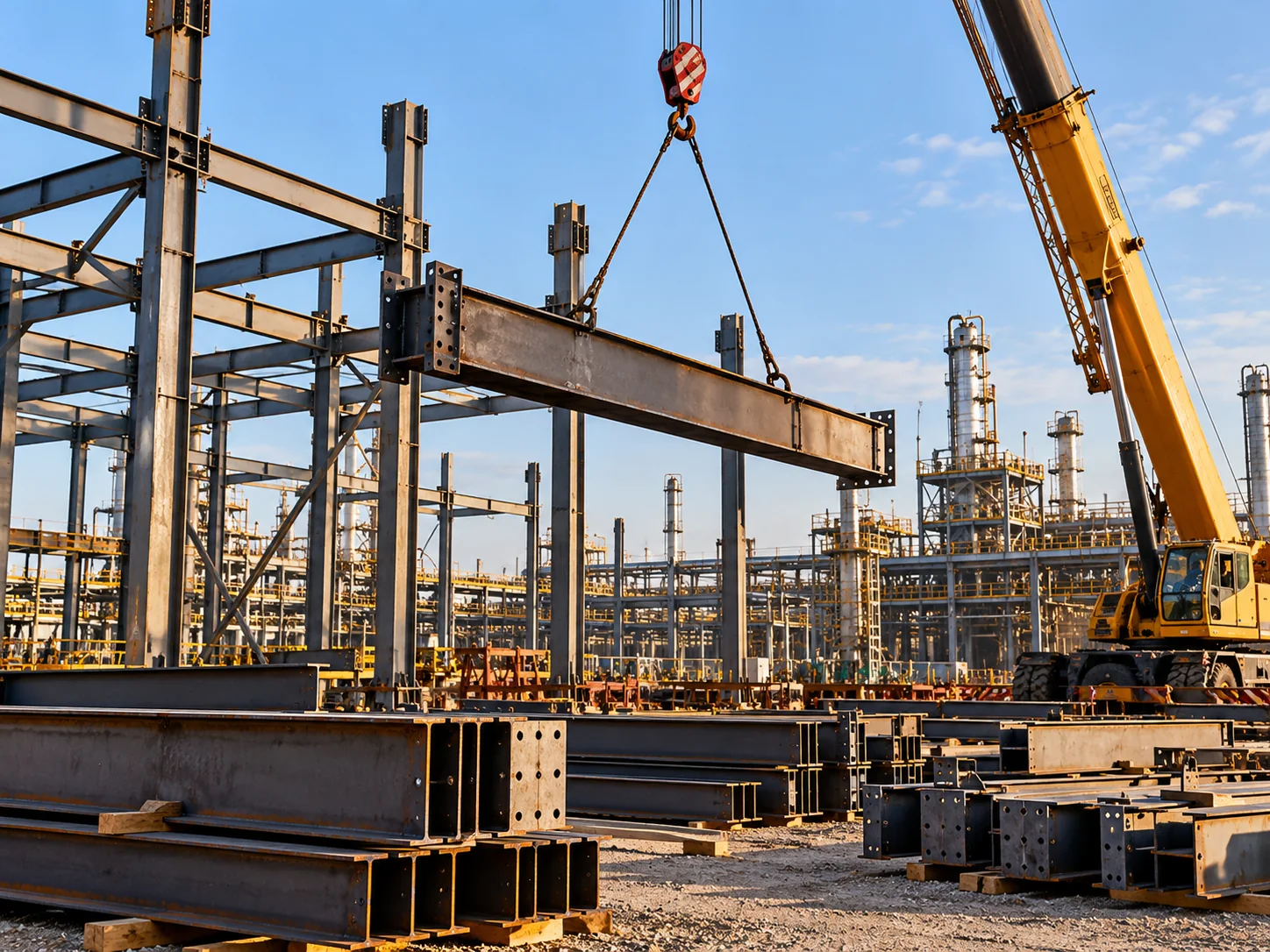 Unbranded structural steel beams and a mobile crane at an industrial construction site