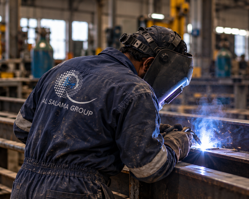 Welder in Al Salama Group coveralls performing steel fabrication in a workshop